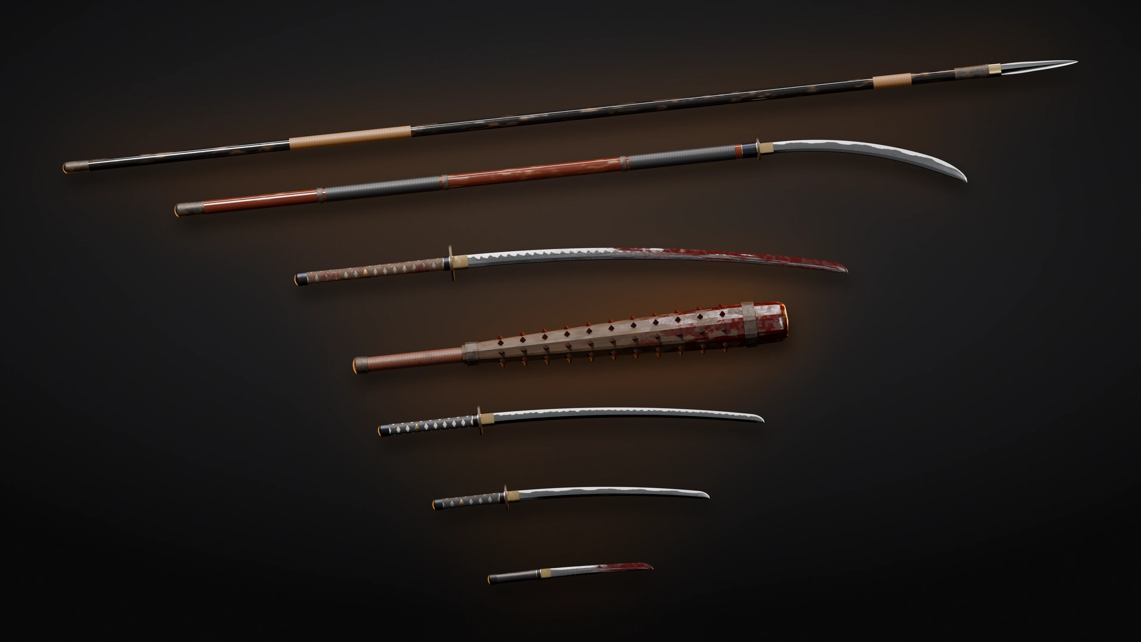 The full Feudal Arms lineup, arranged from the longest spear down to the shortest dagger