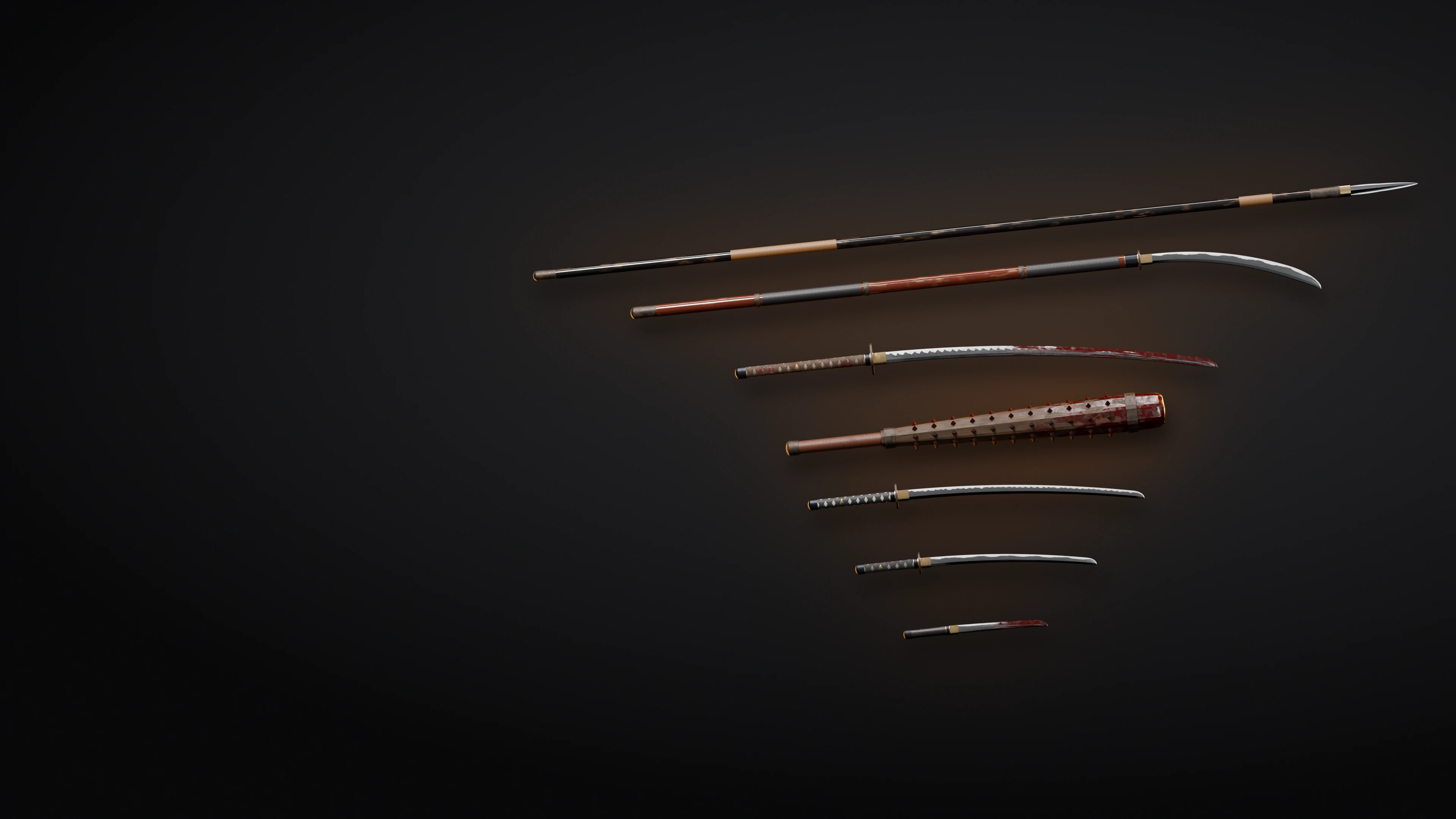 Samurai weapon lineup: yari, naginata, katana, kanabo, wakizashi and tanto
