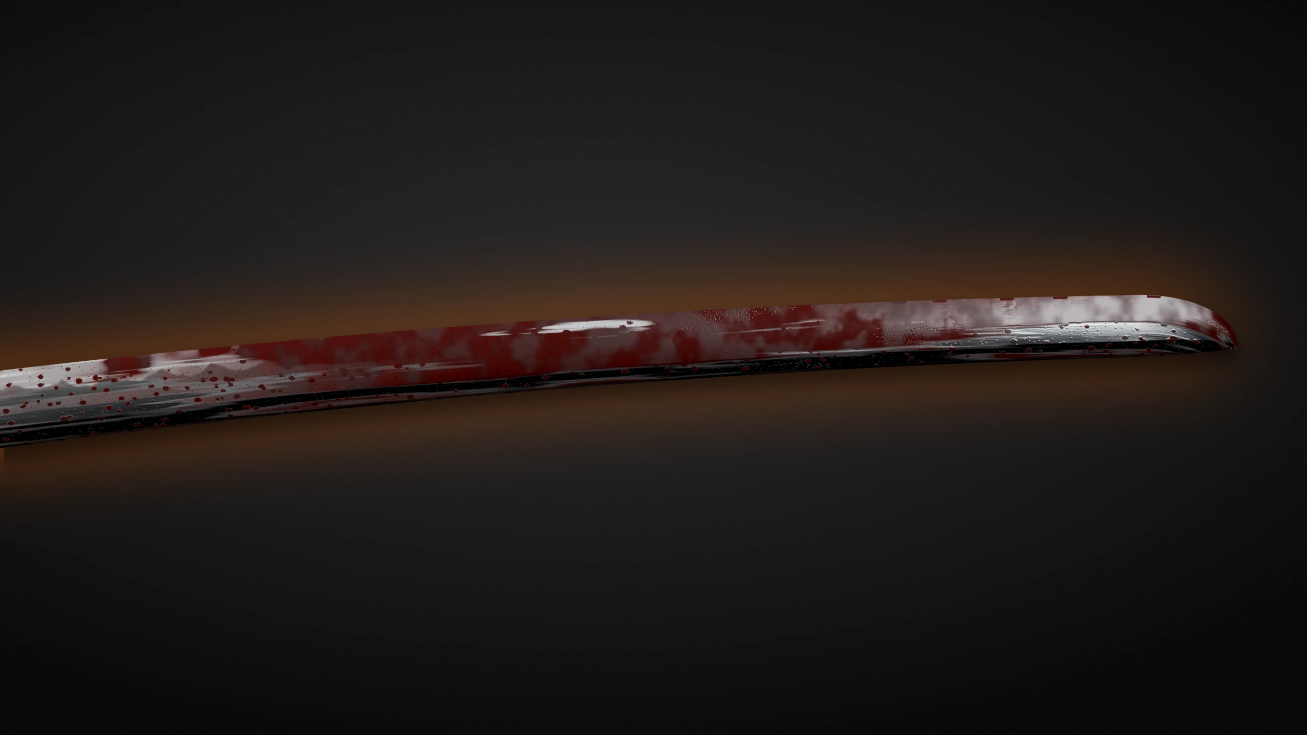 Close-up of a blood-streaked katana blade on a dark backdrop