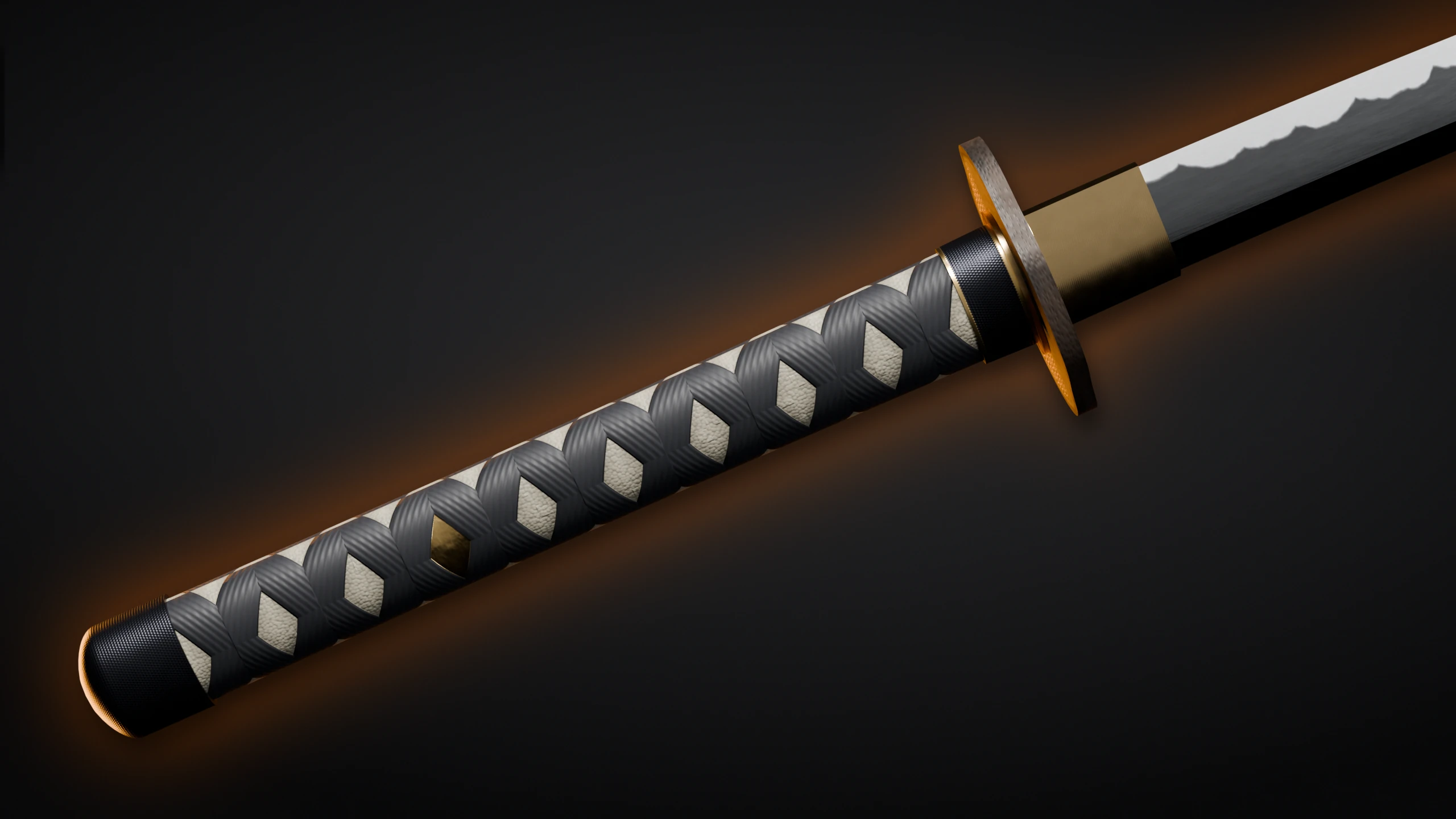 Close-up of a katana hilt, showing the diamond wrap and gold fittings