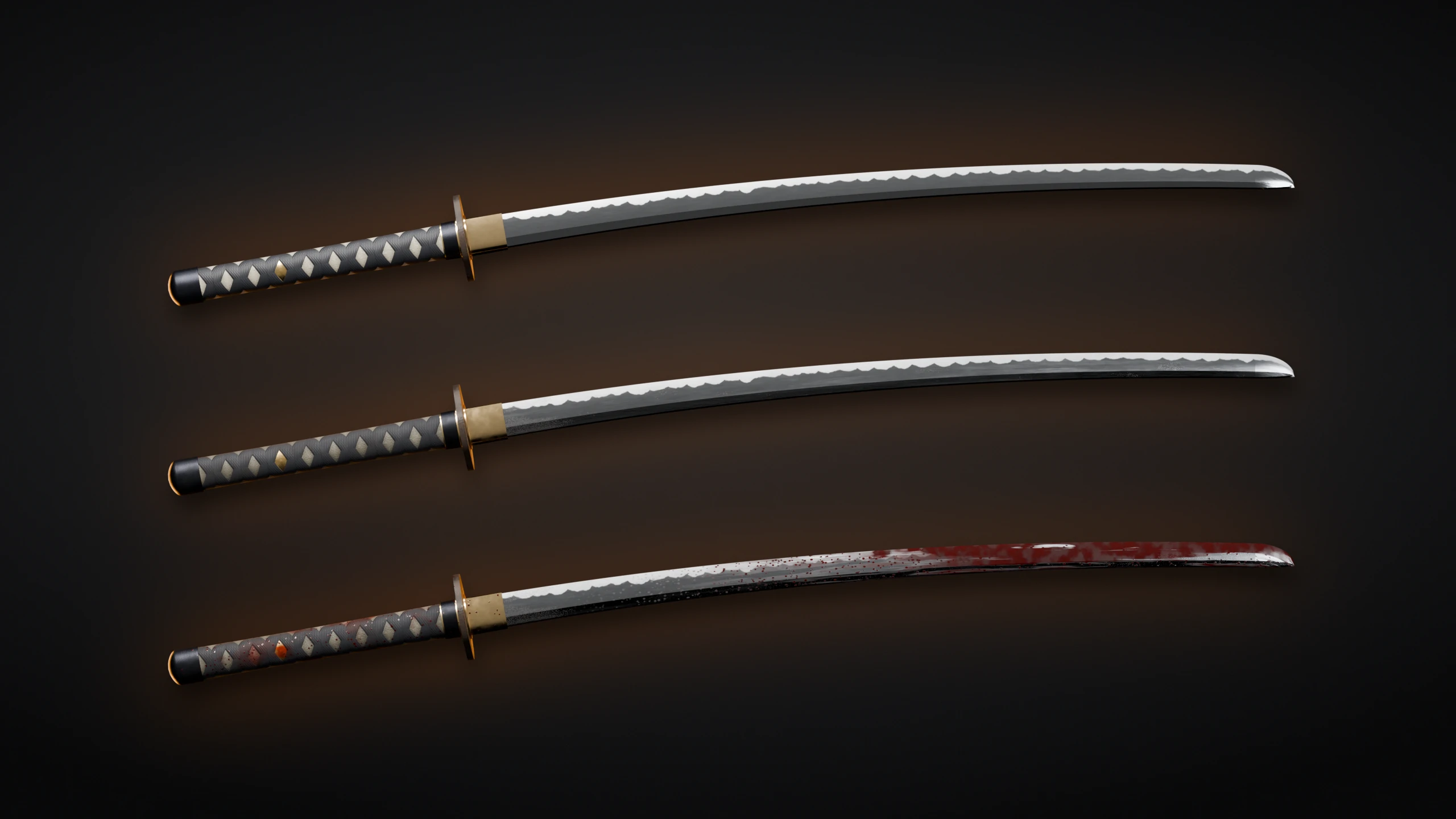 Three katana variants side by side, the last one blood-streaked